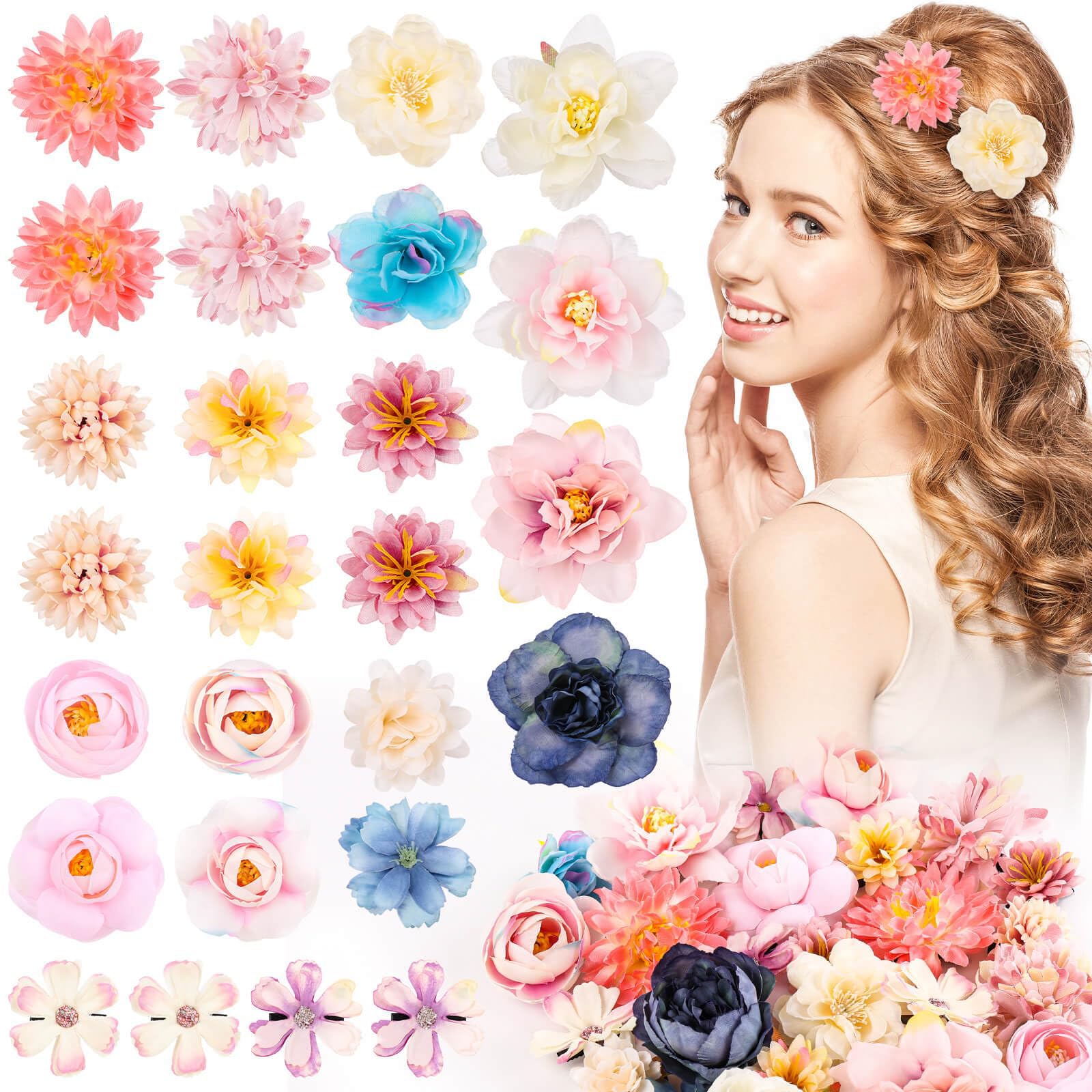 TELAIN Flower Hair Clips Set, 26 Pieces, 3D Flowers, Colourful Flowers Hair Clips for Women and Girls, Lightweight and Comfortable, Ideal for Weddings and Everyday Use