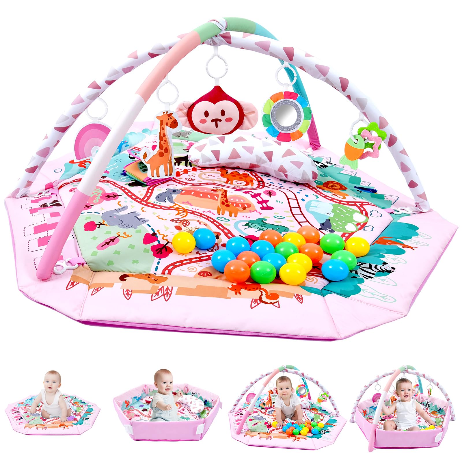 TFDER Baby Gym Play Mat, 8-in-1 Tummy Time Mat & Activity Gym, Washable Ball Pit, Infant Play Mat with Detachable Toys for Sensory Exploration and Motor Skill Development