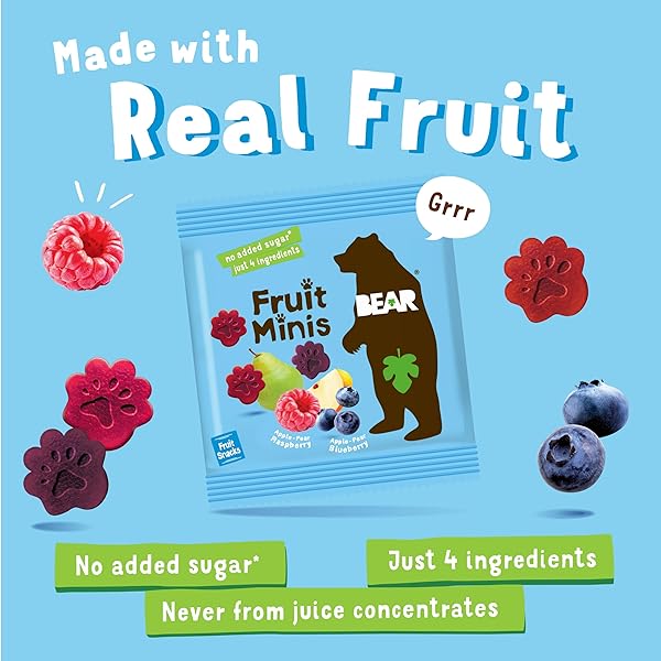 BEAR FRUIT SNACK MINIS – BITE-SIZED SNACKS FOR KIDS – GLUTEN FREE, VEGAN, NON-GMO – RASPBERRY/BLUEBERRY 0.7OZ (1 COUNT)