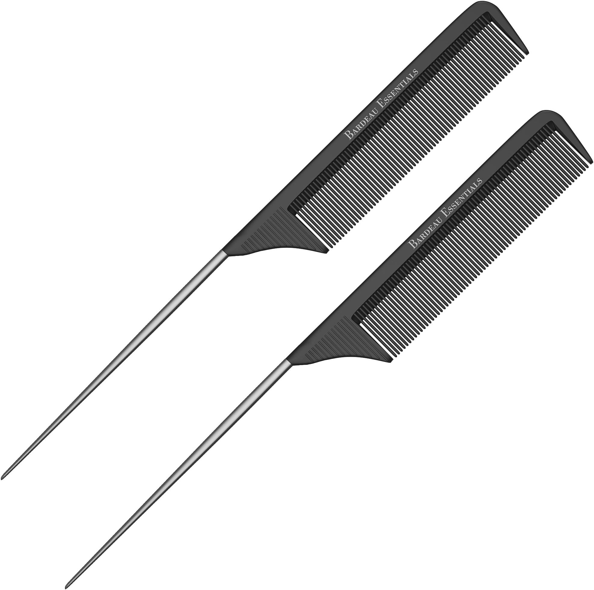 Professional 8.8 Inch Tail Comb (2 Pack) - Black Carbon Fiber And Stainless Steel Pintail - Chemical And Heat Resistant Teasing Comb - Lightweight Rat Tail Comb For All Hair Types (2 Pack)