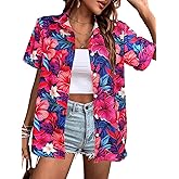 Women's Button Down Hawaiian Shirts Tropical V Neck Summer Beach Blouses Tops Floral Print Vintage Short Sleeve Tees