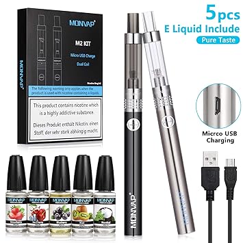 E Zigarette Starter Set, MONVAP M2 Komplettset ohne Nikotin, 2er E Zigaretten + 5er pack E-Liquids, Micro-USB-Aufladung, Spul