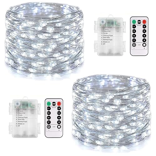 Vulisox Fairy Lights Battery Operated, 2Pack 12m 120LED Copper Wire Lights Outdoor String Light with Remote Control/8 Modes/Waterproof, Decorative Lights for Christmas, Garden, Home Indoor(Cold White)