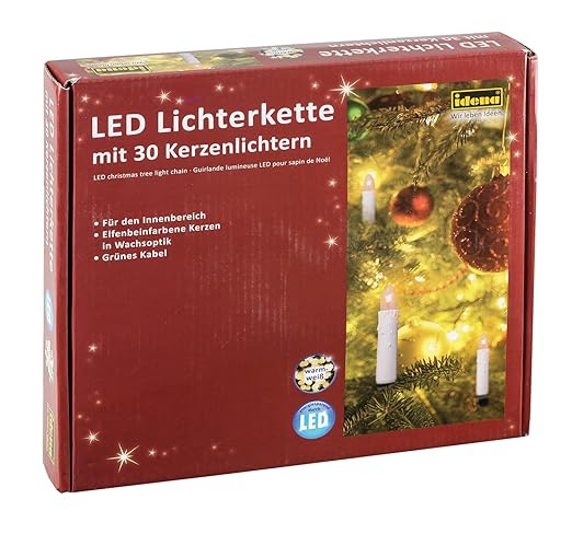 Idena 38192 - LED Kerzenlichterkette mit 30 LED in warm weiß, 30 Kerzen mit Klemmen, perfekt für den Weihnachtsbaum, ca. 16 m