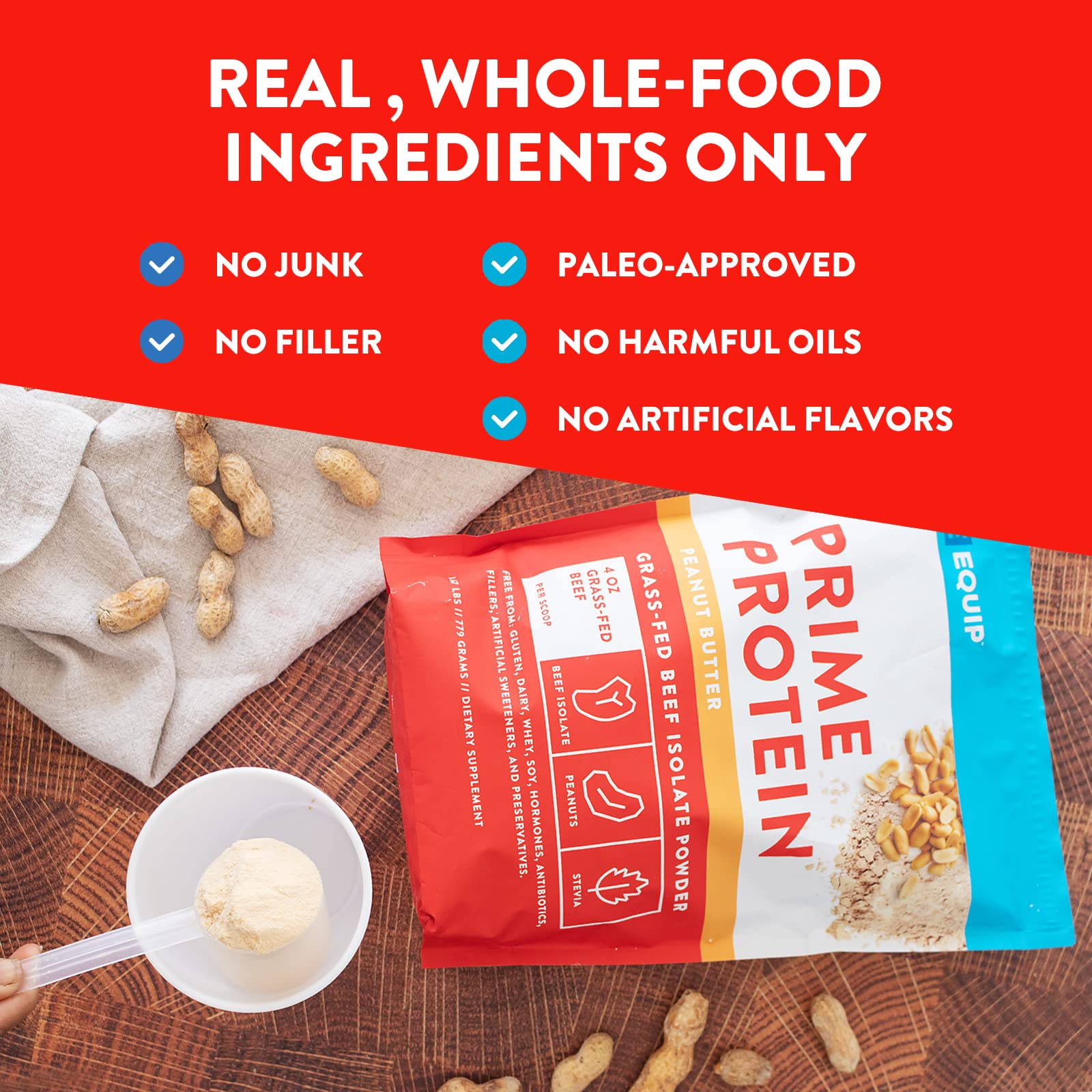 Equip Foods Prime Protein Powder | Clean, Grass Fed Beef Protein Powder for Women & Men | Carnivore Protein Isolate | Paleo, Keto Friendly | Gluten & Dairy Free | 30 Servings, Peanut Butter