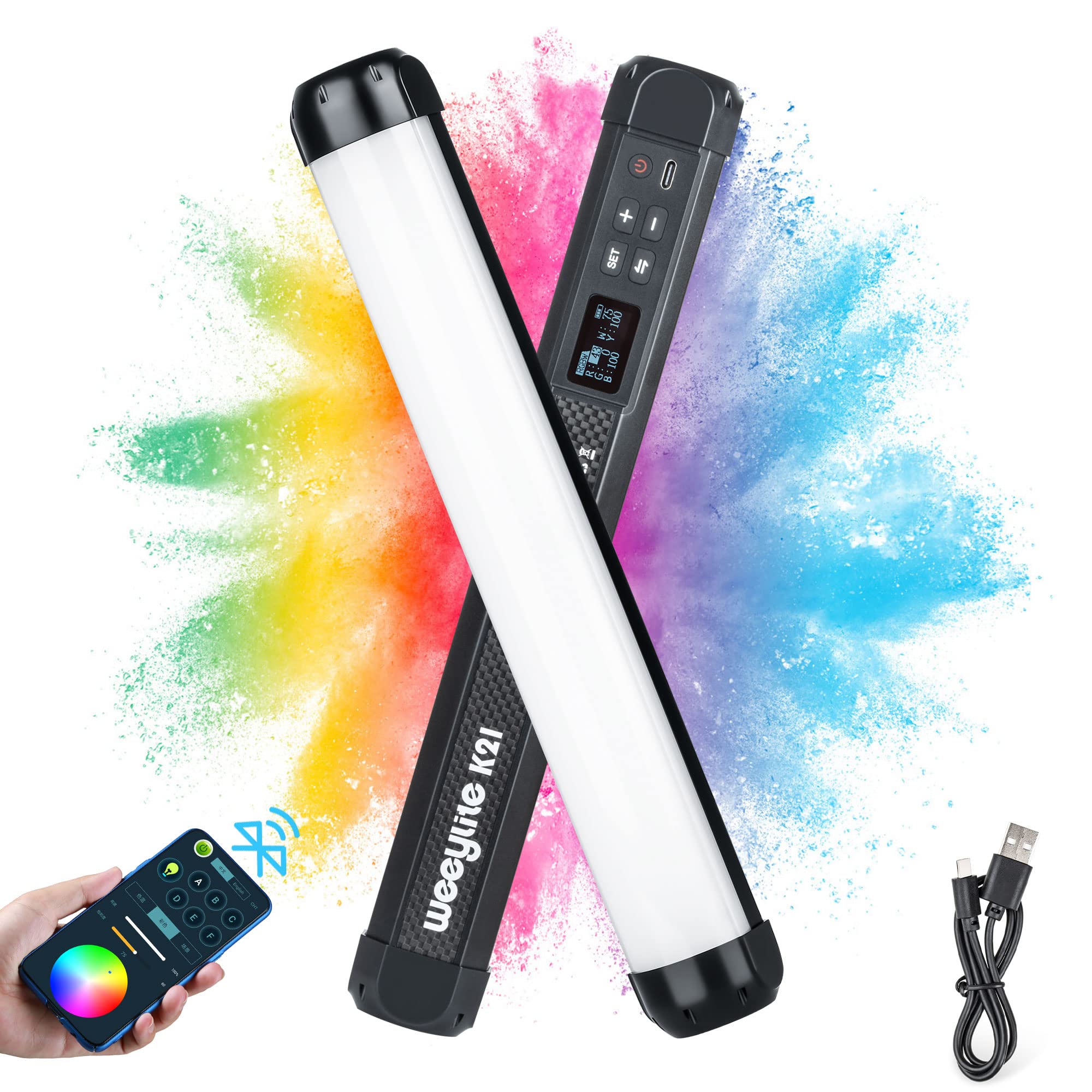 weeylite K21 RGB Handheld LED Video Light Wand Stick Photography Light 1200Lumen with Bluetooth(APP) Control Full Color Dimmable 2500-8500K, Built-in Magnet Rechargeable&Long-Endurance CRI≥95 TLCI≥97