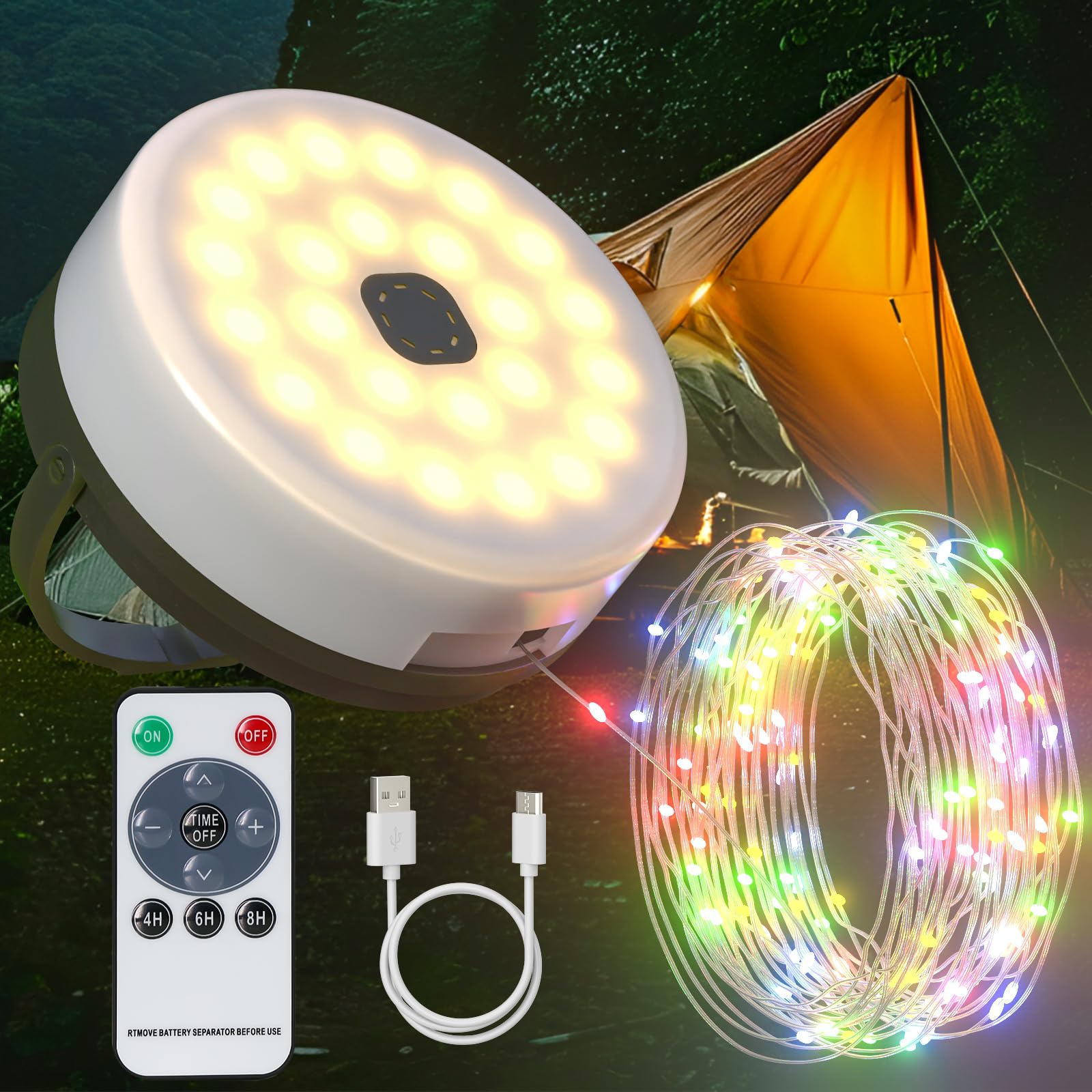 SoulBay Camping String Lights with 100pcs RGB Warm White LEDs, 10m USB Rechargeable Outdoor Waterproof Stowable String Lights with Remote Timer for Tents Garden Camping Balcony Halloween Decorations