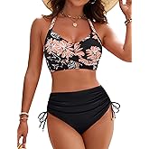 Blooming Jelly Womens High Waisted Bikini Sets Drawstring Tummy Control Swimsuits Crisscross Tie Back Bathing Suit