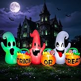 8 Ft Halloween Inflatable 3 Ghosts with Trick or Treat Pumpkin Candy Bags | Halloween Inflatable Outdoor Decorations, Built-in 3-Color LEDs, Blow Up Adorable 3 Ghosts, Yard Party Garden Decor