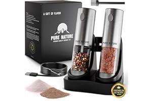 Pure Nature Salt and Pepper Grinder Set with rechargeable base. Premium Stainless Steel up-graded larger capacity with LED Lights, 5 Adjustable Coarseness, Refillable, Type-C Fast Charging.