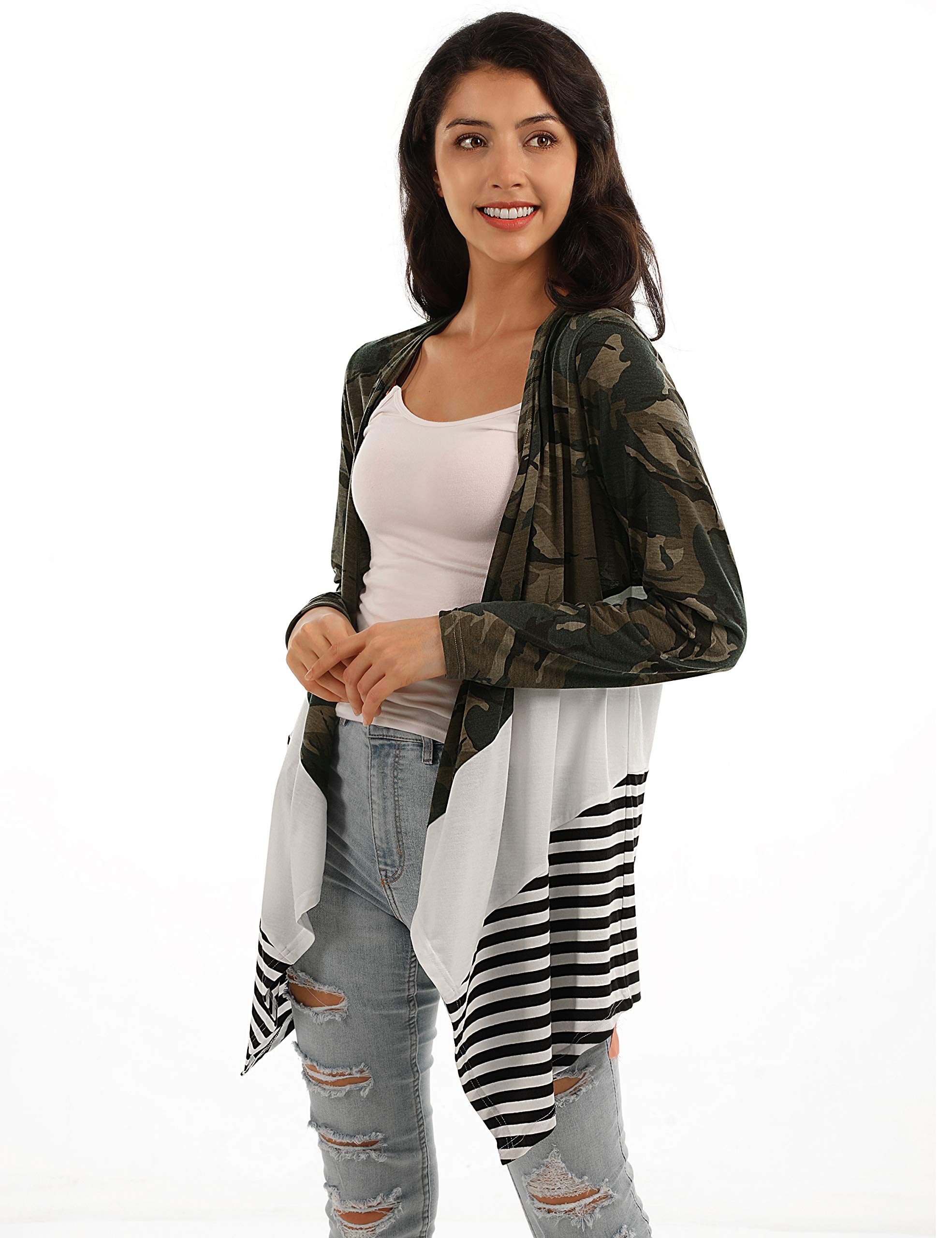 Blooming Jelly Womens Colorblock Cardigan Camo Striped Drape Front Outwear(S,Camo)