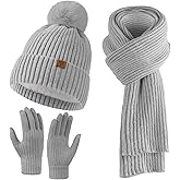 Passionbility Womens Winter Beanie Hat Scarf Gloves Set, Knitted Scarf and Hat Touchscreen Gloves Gift for Women 3 in 1 Set