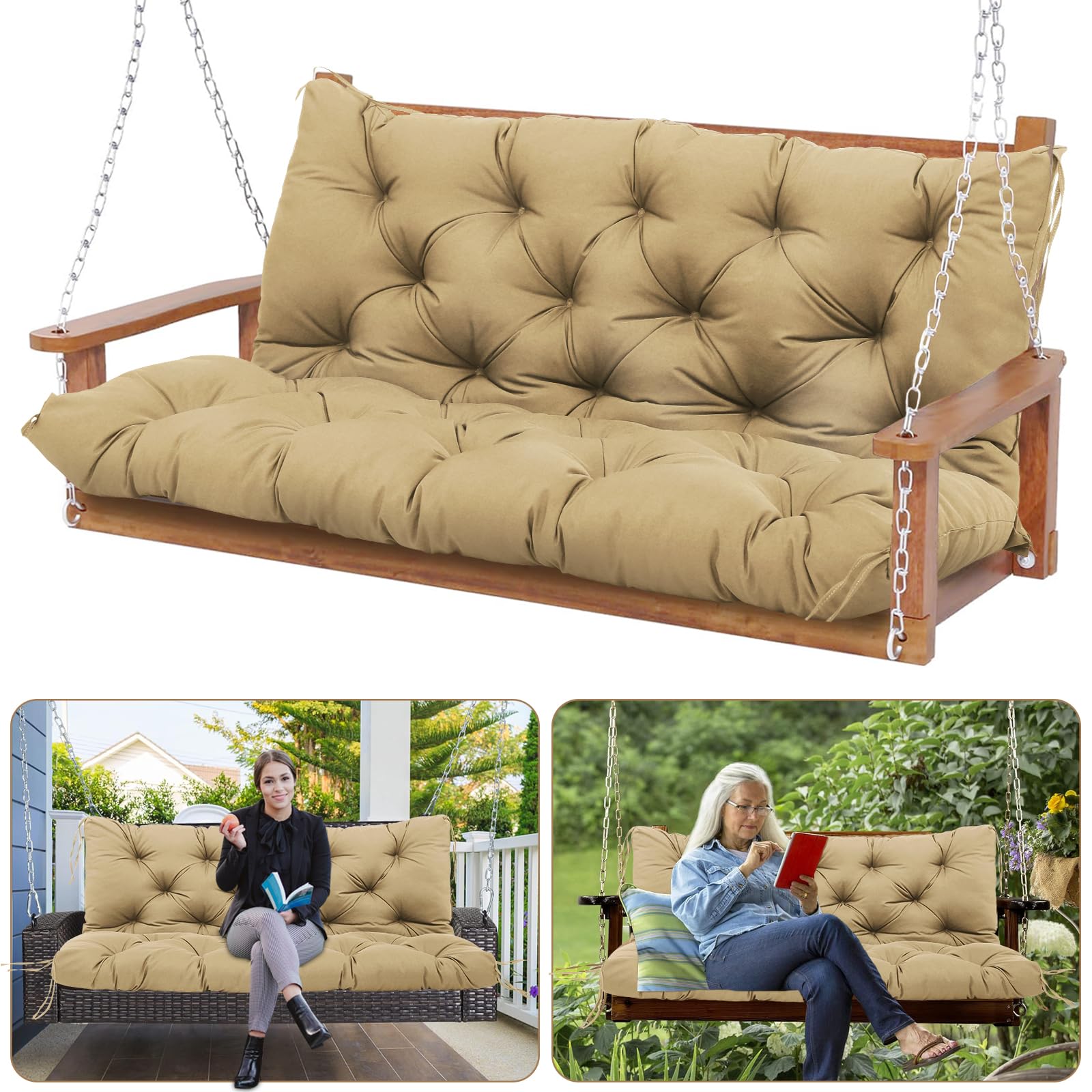 Photo 1 of KGOSAUO Durable Extra 5" Thick Outdoor Swing Cushions Waterproof 60 inch 3 Seater Replacement Porch Swing Cushions with Backrest Fade-Resistant for Outdoor Patio Long Bench Furniture (Khaki)
