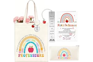 5Pcs French Teacher Gifts for Women, Teacher Appreciation Gift, Cadeau Professeur en Francais Set with Tote Bag, Makeup Bag, 
