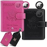 OHREY 2 Pack Passport Holder for Travel with Slot for AirTag & Luggage Tag Cover, RFID Blocking Passport Holder for Women & Men | PU Leather Passport Cover with Pocket, Black & Pink