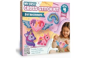 CRAFTILOO My First Cross Stitch Kit for Kids Ages 6–12 – Beginner Needlepoint Set with Pre-Cut Felt, Thread & Keyrings – Makes 4 Colorful Designs: Unicorn, Rainbow, Winged Heart