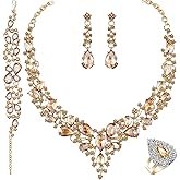 Paxuan Crystal Bridal Wedding Jewelry Sets for Women Rhinestone Teardrop Crystal Statement Choker Necklace Drop Earrings Link Bracelets Rings Teardrop Jewelry Set for Brides Bridesmaids