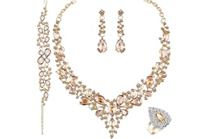 Paxuan Crystal Bridal Wedding Jewelry Sets for Women Rhinestone Teardrop Crystal Statement Choker Necklace Drop Earrings Link Bracelets Rings Teardrop Jewelry Set for Brides Bridesmaids