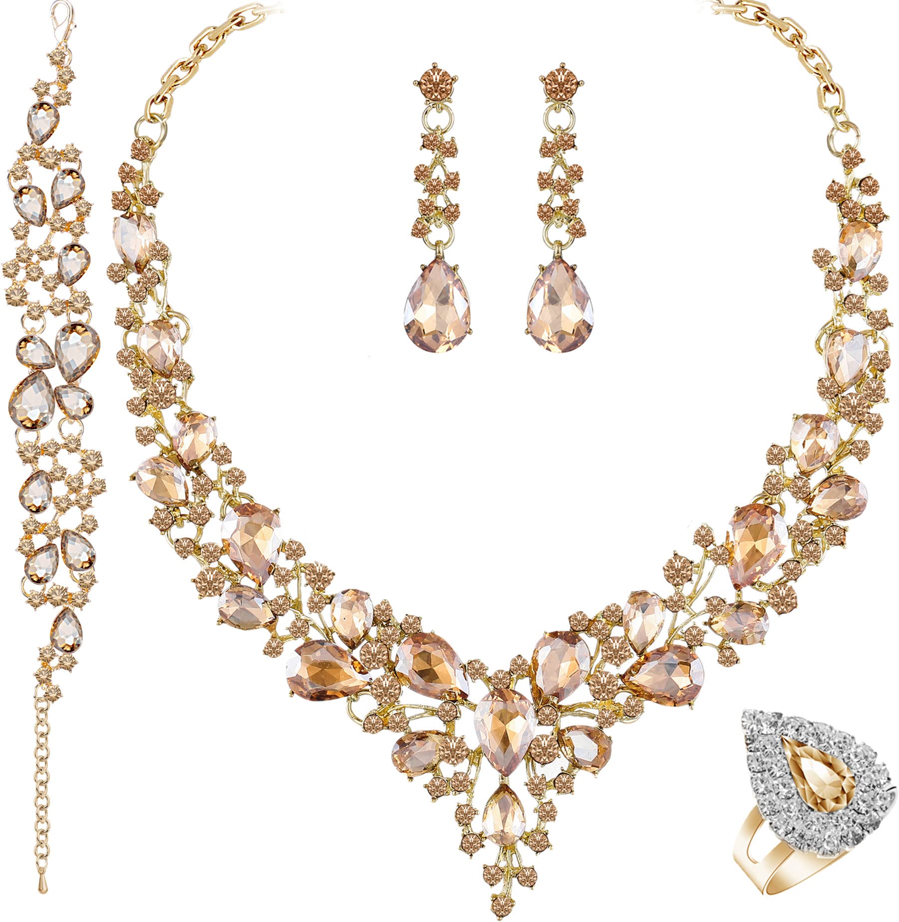 Crystal Bridal Wedding Jewelry Sets for Women Rhinestone Teardrop Crystal Statement Choker Necklace Drop Earrings Link Bracelets Rings Teardrop Jewelry Set for Brides Bridesmaids