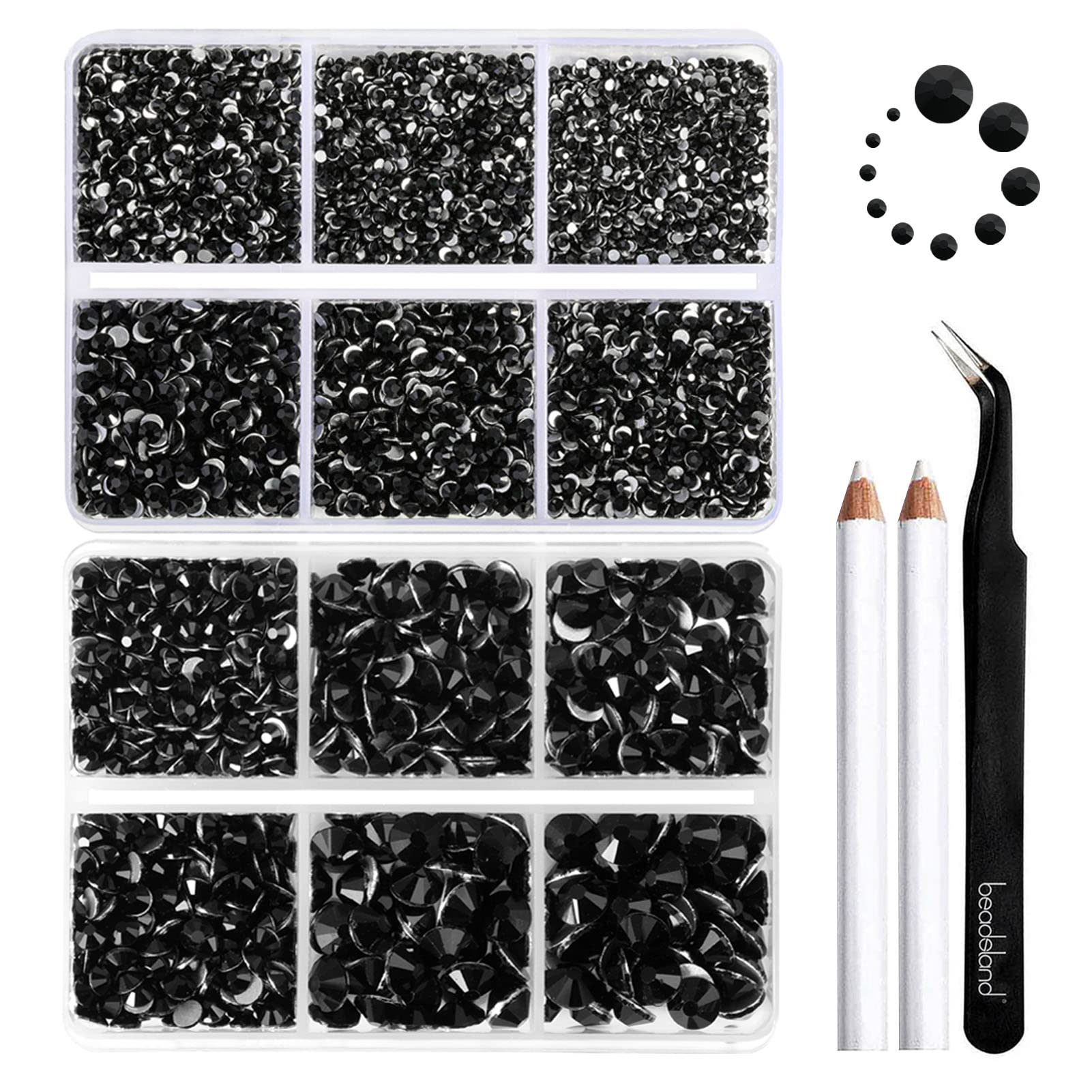 Beadsland 8300PCS Flatback Rhinestones, Black Rhinestone Nail Gems Round Crystal Rhinestones for Crafts, Mixed 10 Sizes with Wax Pencil and Tweezer Kit, SS3-SS30, Jet Black