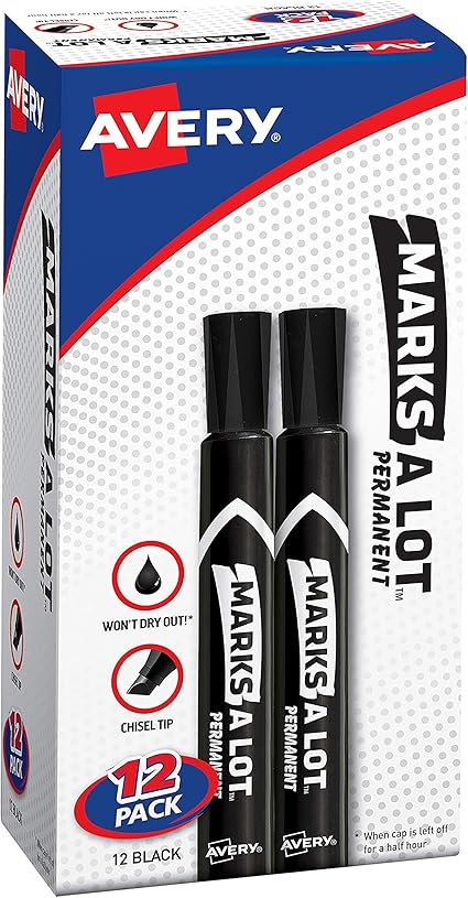 Amazon Com Avery Marks A Lot Permanent Markers Large Desk Style Size Chisel Tip Water And Wear Resistant 12 Black Markers 98028 Black Permanent Marker Office Products