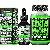 Biotin Gummies 620,000mcg + Liquid Biotin Drops with Collagen Peptides – Men's Beard Growth Kit for Thicker Fuller Beard – Beard & Hair Growth Vitamins with MSM, Keratin, Bamboo & Zinc