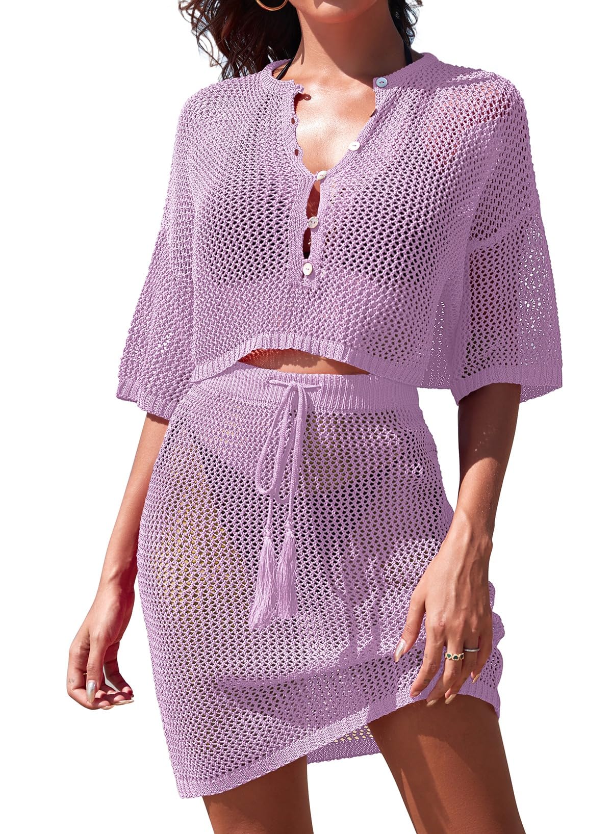 Photo 1 of Pink Queen Two Piece Bikini Cover Up for Women Swimwear Sexy Crochet Vacation Outfits Short Beach Skirt Dress Set Summer Light Purple S
