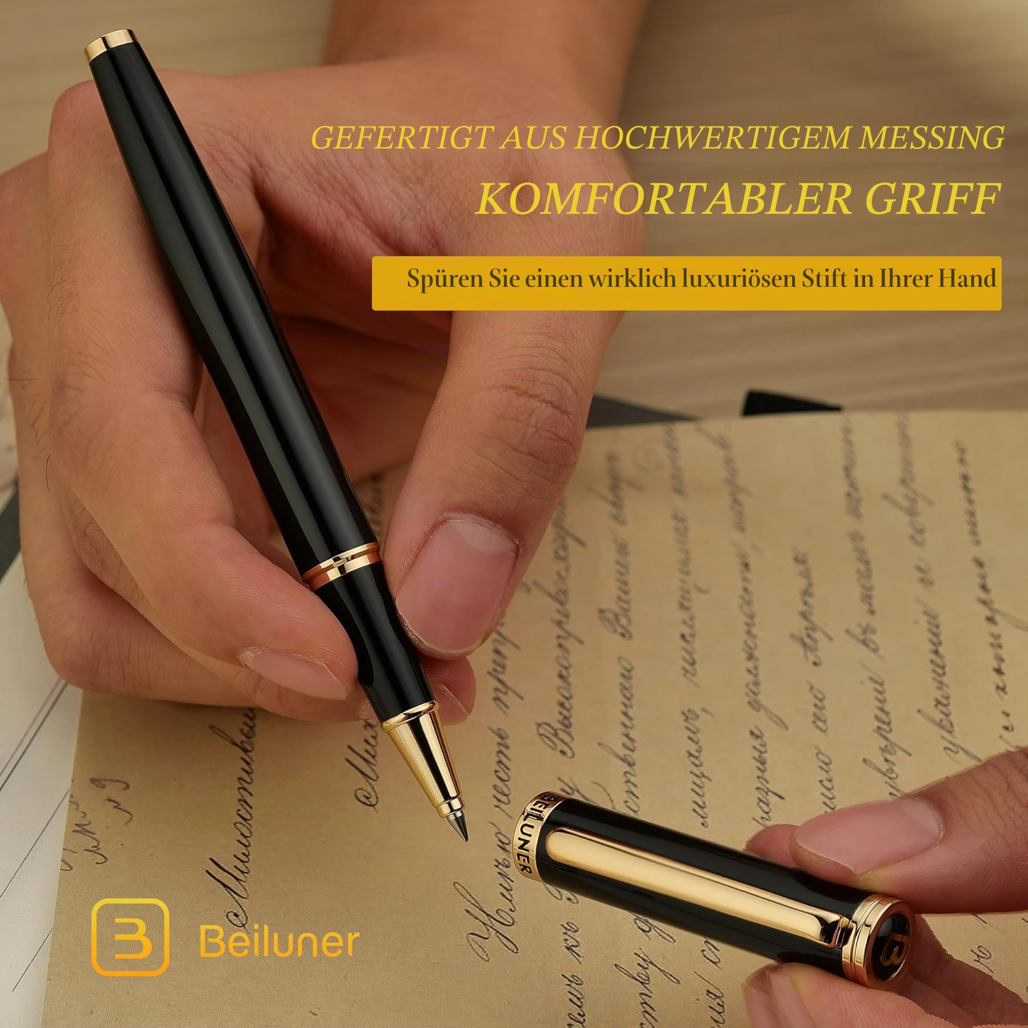 BEILUNER Hochwertiger Tintenroller mit Echtvergoldung - Professioneller Kugelschreiber mit schwarzer Schneider 850 Mine - Geschenkbox - Luxus Schreibgerät für Business & Geschenkanlässe(Schwarz) 5