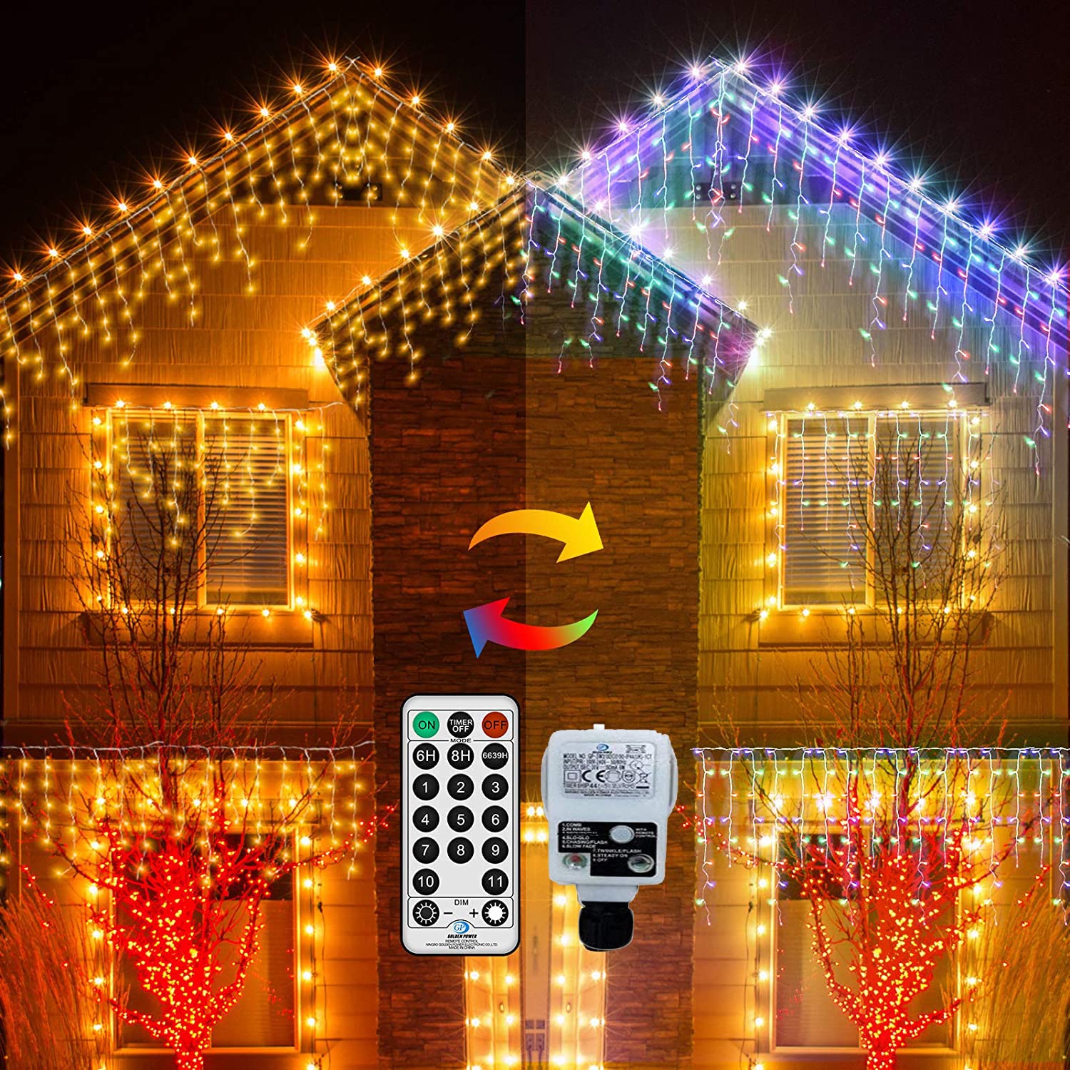10M Outdoor Icicle Lights Christmas Fairy Lights Plug in, 320LED Window Christmas Icicle Outside Ice Light Wall House Light 4Color, Waterproof,Connectable,with Remote,Timer for Eaves Gutter Room