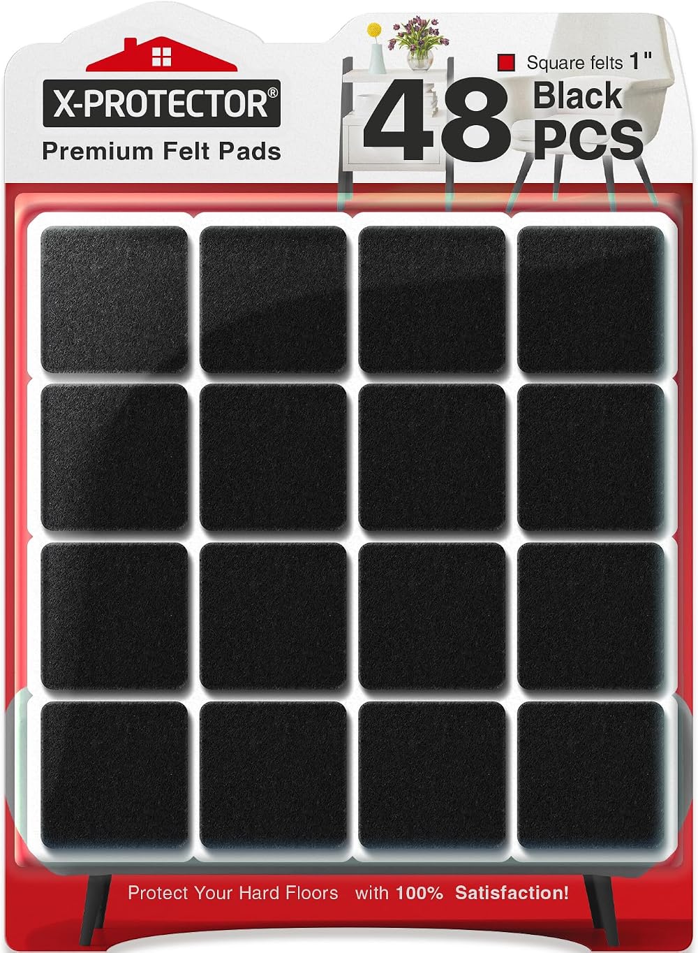 X-Protector Chair Pads 48 pcs 25mm Felt Furniture Pad Black Square
