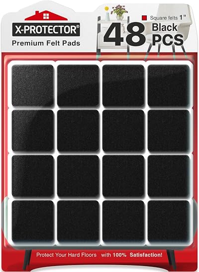 X-Protector Chair Pads 48 pcs 25mm Felt Furniture Pad Black Square