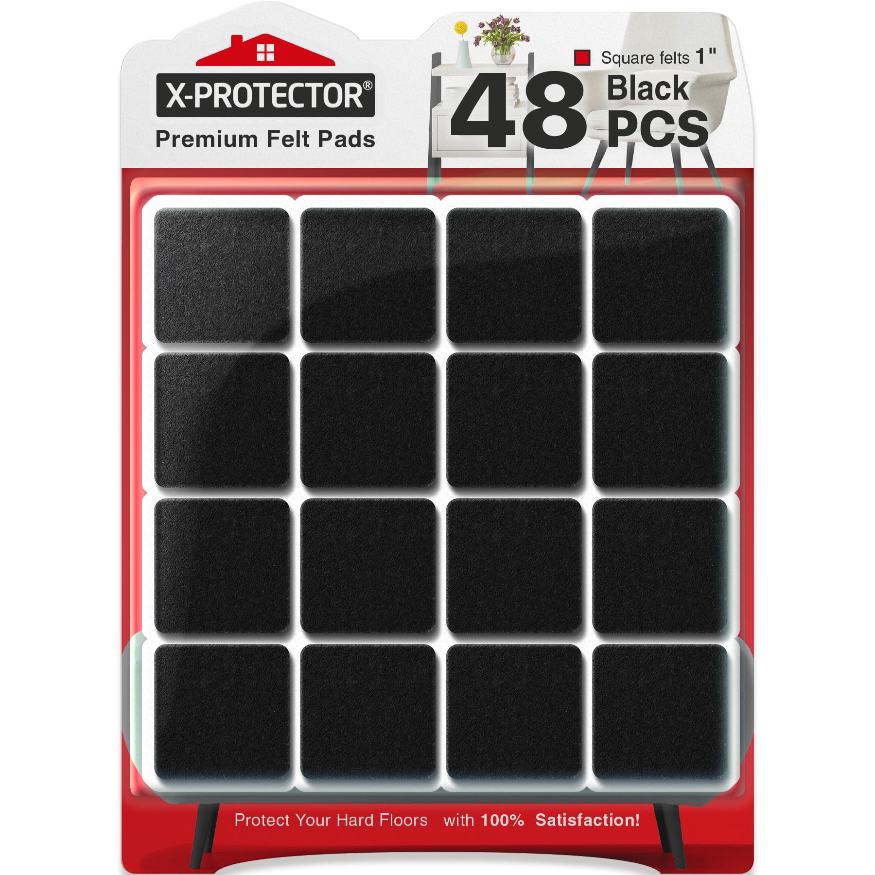 Chair Pads Floor Protectors X-PROTECTOR 48 PCS 25mm - Felt Furniture Pads - Premium Chair Feet Protectors - Protect Wood Floors with Chair Leg Floor Protector (Square, Black)!