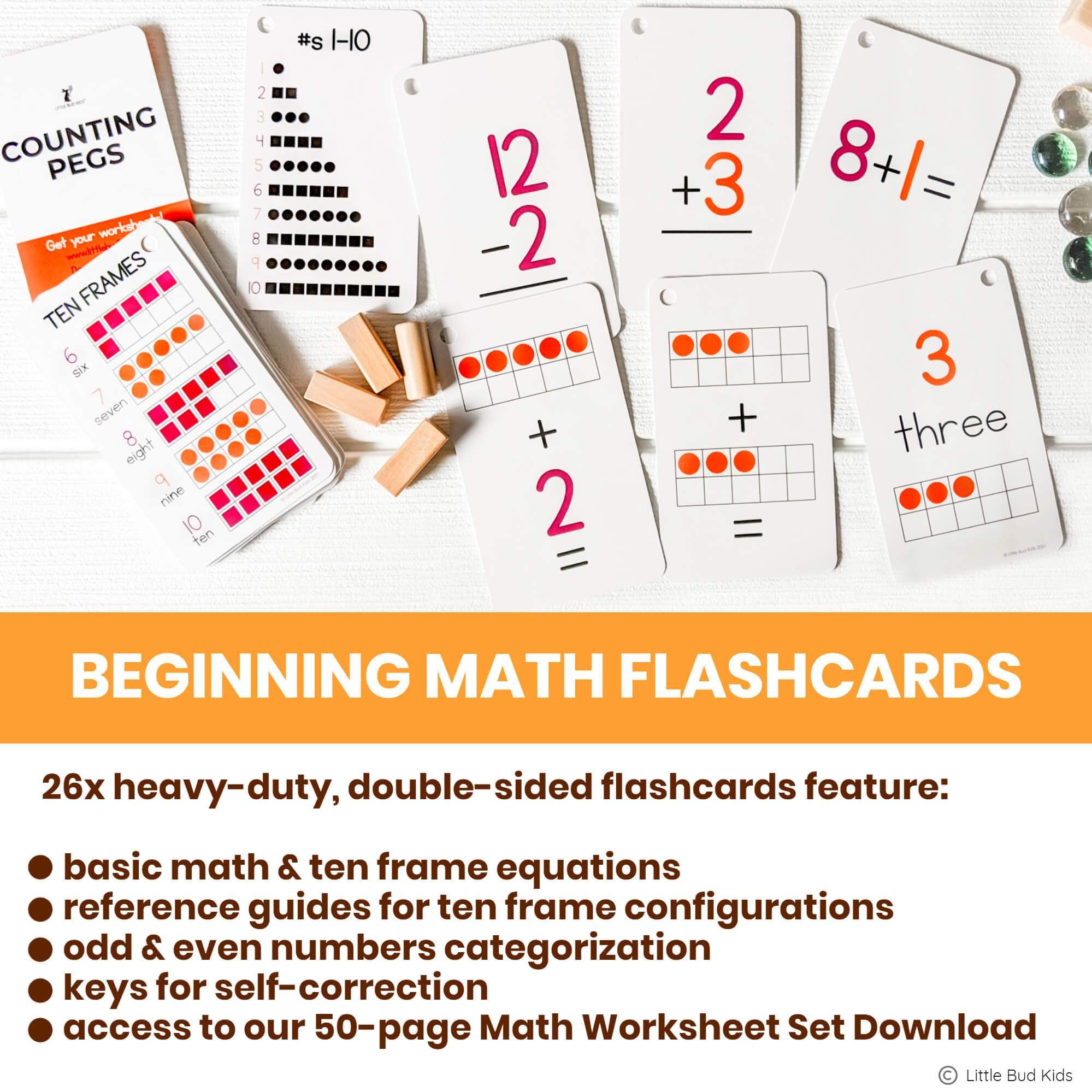 LITTLE BUD KIDS Counting Pegs - A Ten Frame Math Game with Addition and Subtraction Flash Cards, A Wooden Montessori Math Toy & Math Manipulatives Number Peg Boards for Kids 3 4 5 6 7