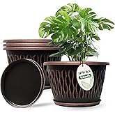 Usocik 4 Pack 16 Inch Retro Plant Pots, Vintage Striped Flower Pots with Drainage Hole & Saucer, Large Plastic Planters for Indoor and Outdoor Plants, Decorative Garden Pots(Copper)