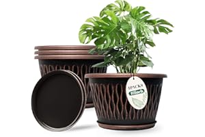 Usocik 4 Pack 16 Inch Retro Plant Pots, Vintage Striped Flower Pots with Drainage Hole & Saucer, Large Plastic Planters for Indoor and Outdoor Plants, Decorative Garden Pots(Copper)
