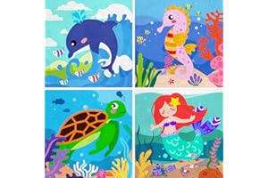 QEUOYSS 4 Paint by Numbers for Kids Ages 8-12 DIY Paint Set for Girls Boys Adults Beginner Crafts for Girls Ages 4-8 Acrylic Oil Painting by Number Kits Perfect for Gift Decor 8"x8" (sea)