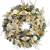 WANNA-CUL Pre-Lit 24 Inch Lighted Christmas Wreath for Front Door Champagne Gold Christmas Door Wreath Decor with Ball Ornaments, Poinsettia Flowers,Ribbon,Pine Cones,Battery Operated 30 LED Lights