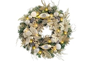 WANNA-CUL Pre-Lit 24 Inch Lighted Christmas Wreath for Front Door Champagne Gold Christmas Door Wreath Decor with Ball Ornaments, Poinsettia Flowers,Ribbon,Pine Cones,Battery Operated 30 LED Lights