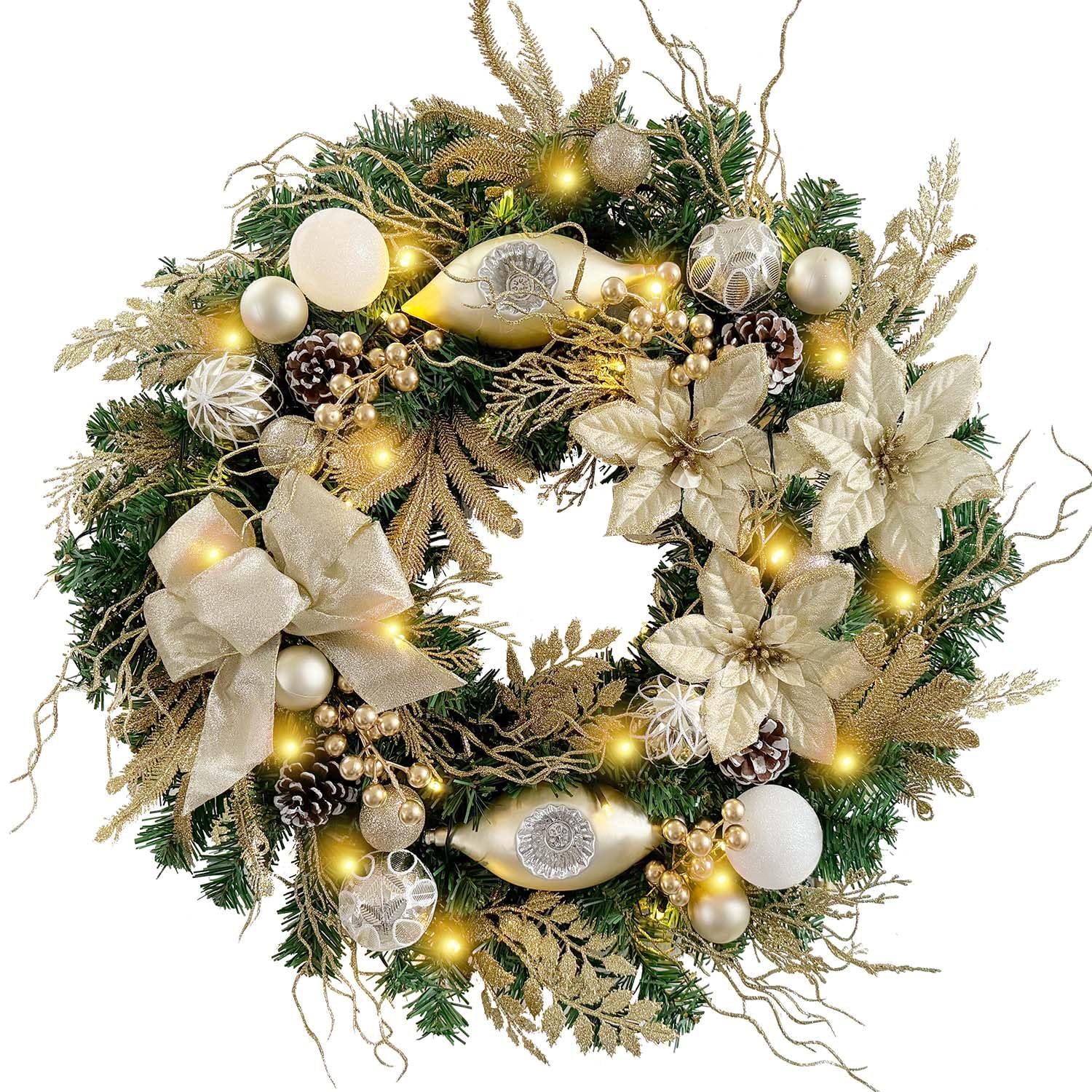 WANNA-CUL Pre-Lit 24 Inch Lighted Christmas Wreath for Front Door ...