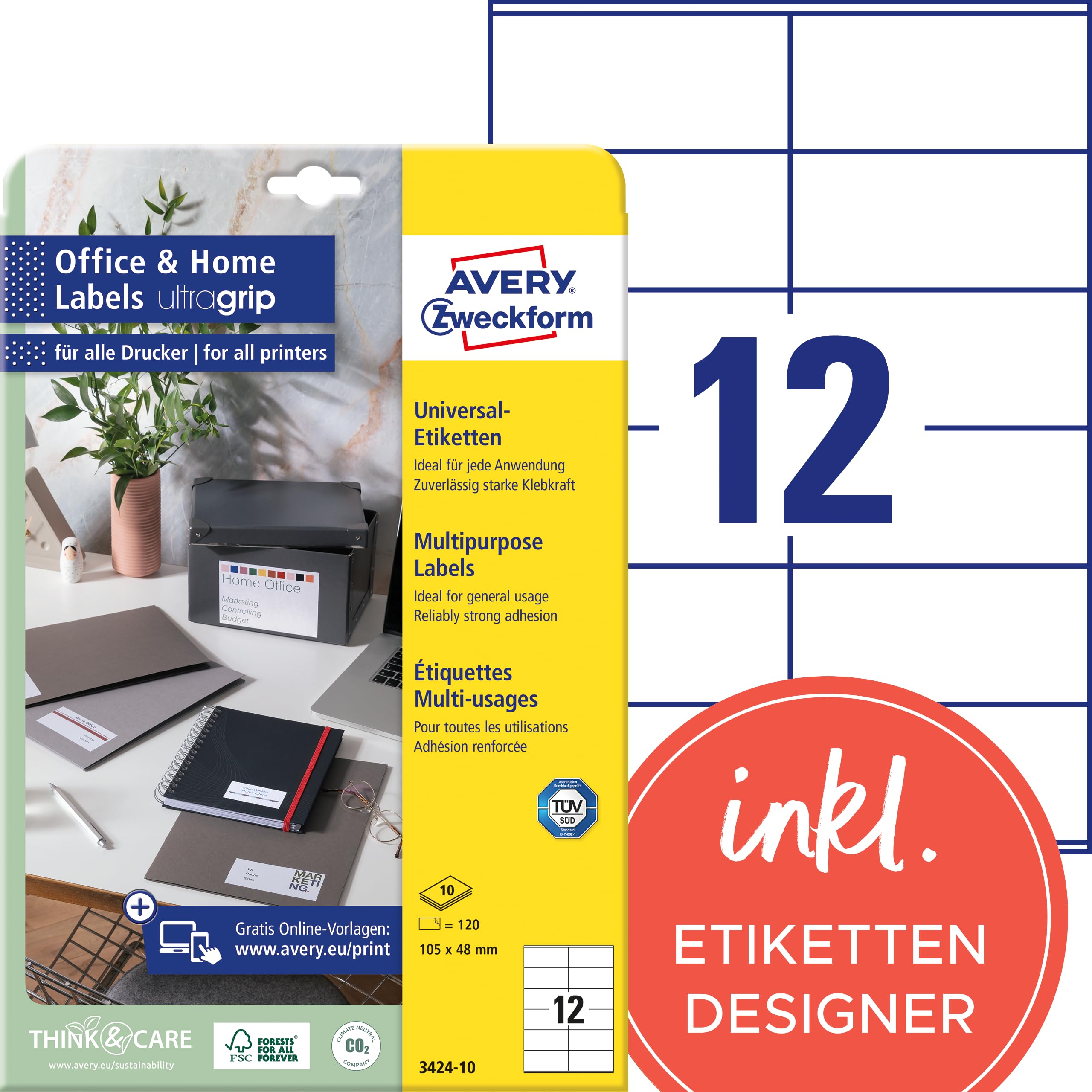 AVERY Zweckform 120 White Address Labels (105 x 48 mm, FSC Certified, Printable Sender Labels, Self-Adhesive, Ideal for Home Office), 10 Sheets