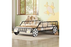 CITYLIGHT Metal Car Bed for Boys, Twin Size Kids Car Bed with with Wheels and Headlights Decoration,Twin Bed Frame with Sturdy Slat System for Kids Boys,Black