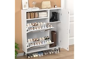 WENRENER Shoe Cabinet with 2 Flip Drawers & Side Cabinet, Adjustable Shelves, Shoe Storage with Mounted Rack for Entryway, Hallway, Organizer, (White)