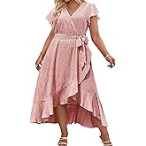 IN'VOLAND Plus Size Womens Floral Summer Dress Casual Wrap V Neck Short Sleeve Belted Beach Bohemian Maxi Dress