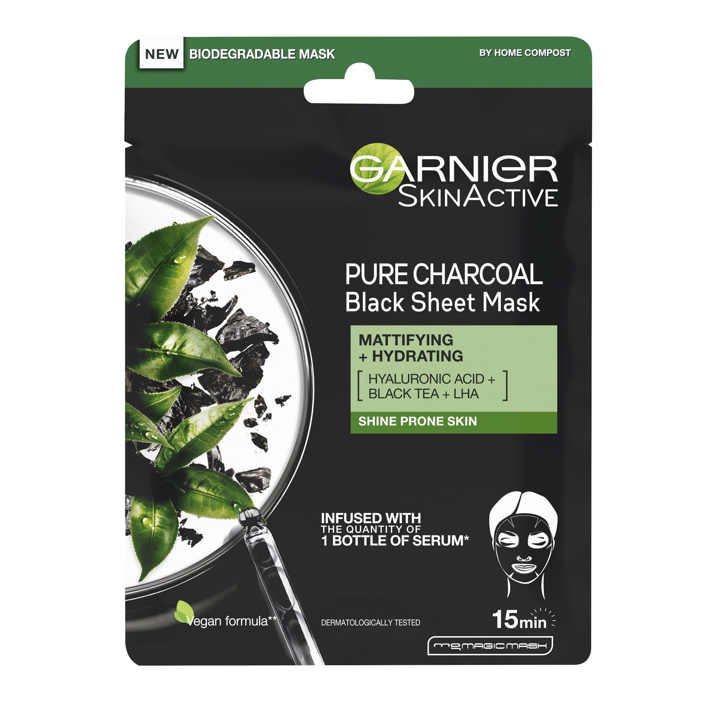 Garnier Pure Charcoal and Black Tea Sheet Mask, Purifying and Hydrating Face Mask With Hyaluronic Acid, LHA & Black Tea Extract, Mattifies Shine Prone Skin, Vegan Tissue Mask 28g