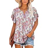 ONLYSHE Womens Summer Tunic Tops Ruffle Sleeve Pullf Short Sleeve Shirts