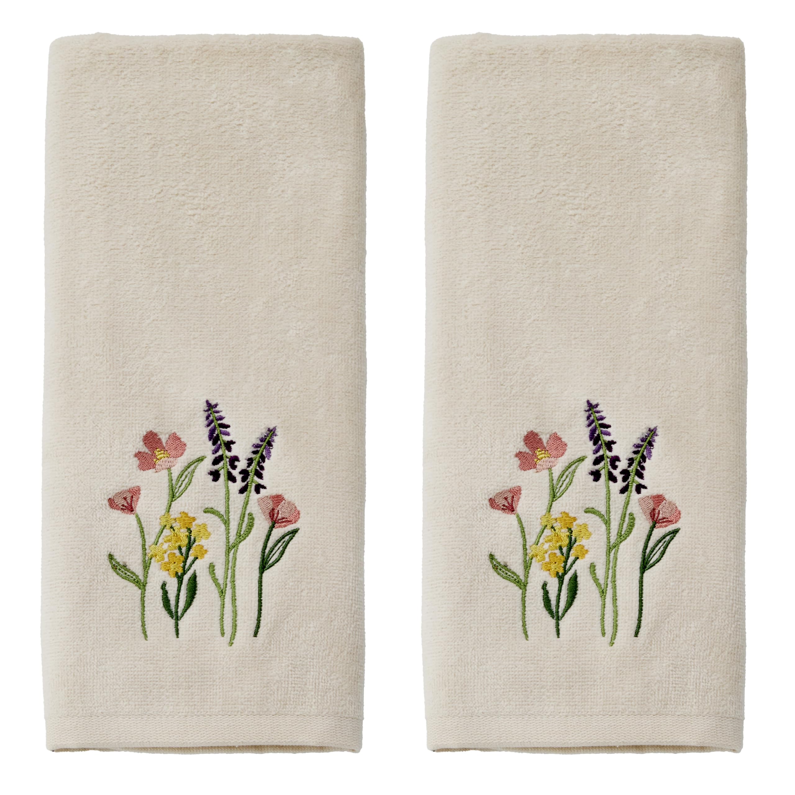 SKL Home Meadow Bouquet 100% Cotton Embroidered 2pc Hand Towel Set, Decorative for Bath/Kitchen/Bar & Gift, Natural Image