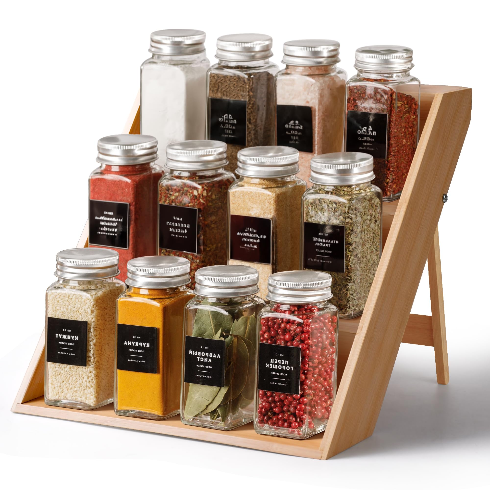 NURENDER Spice Rack for Countertop, 3-Tier Seasoning Spice Jar Organizer, Space Saving Bamboo Spice Holder for Kitchen Cabinet, Countertop, Pantry