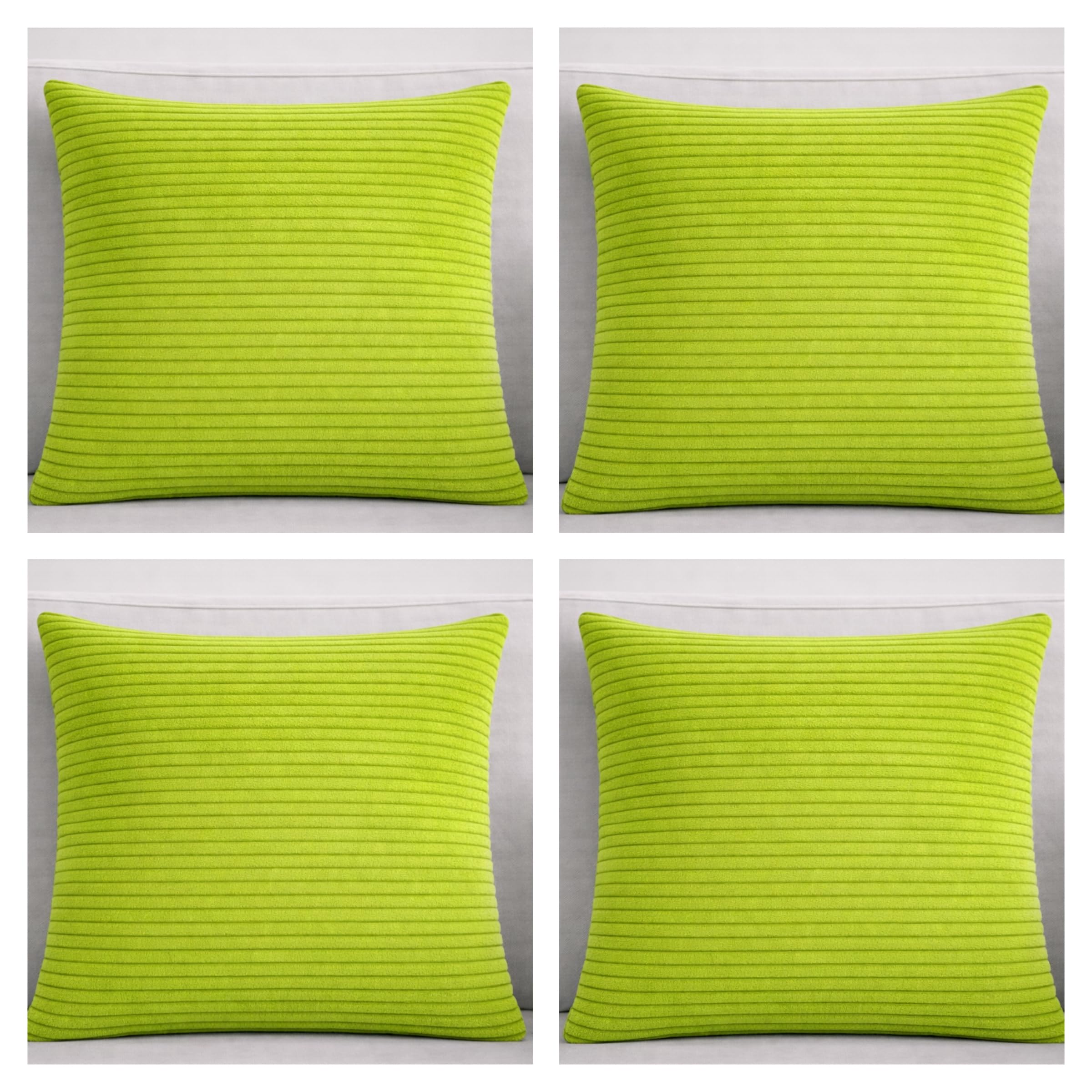 Seechoo Corduroy Cushion Covers, Set of 4, 40 x 40 cm, Plain Soft Striped, Assorted Colours (Lime Green)