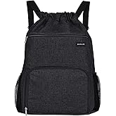 BAVELOE Drawstring Backpack with Wet Pocket & Shoe Compartment, Water-Resistant Sports Gym Swim String Bag for Women Men(Black)