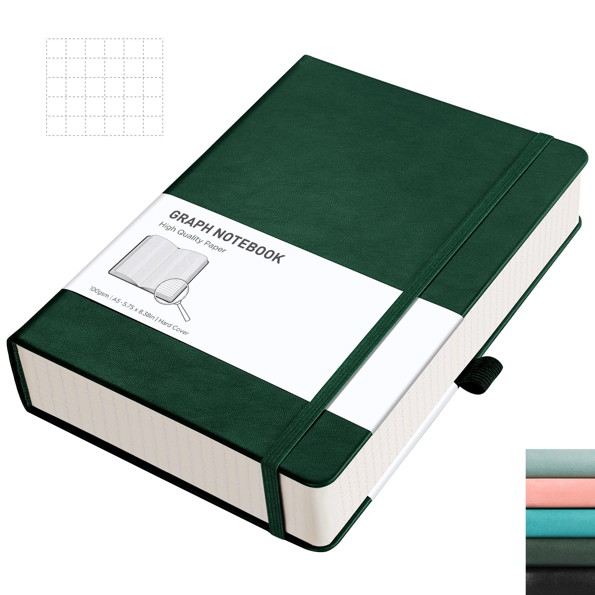 RETTACY Graph Paper Notebook A5 320 Pages Grid Notebook Thick Journal, 100gsm Thick Graph Paper, Leather Hardcover, Inner Pocket, for Office School Work Women Men14.5 x 21cm - Green